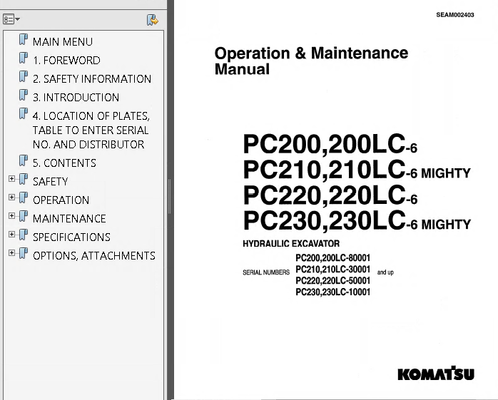 Komatsu PC200/210/220/230/240/250(LC)-6 Hydraulic Excavators PDF